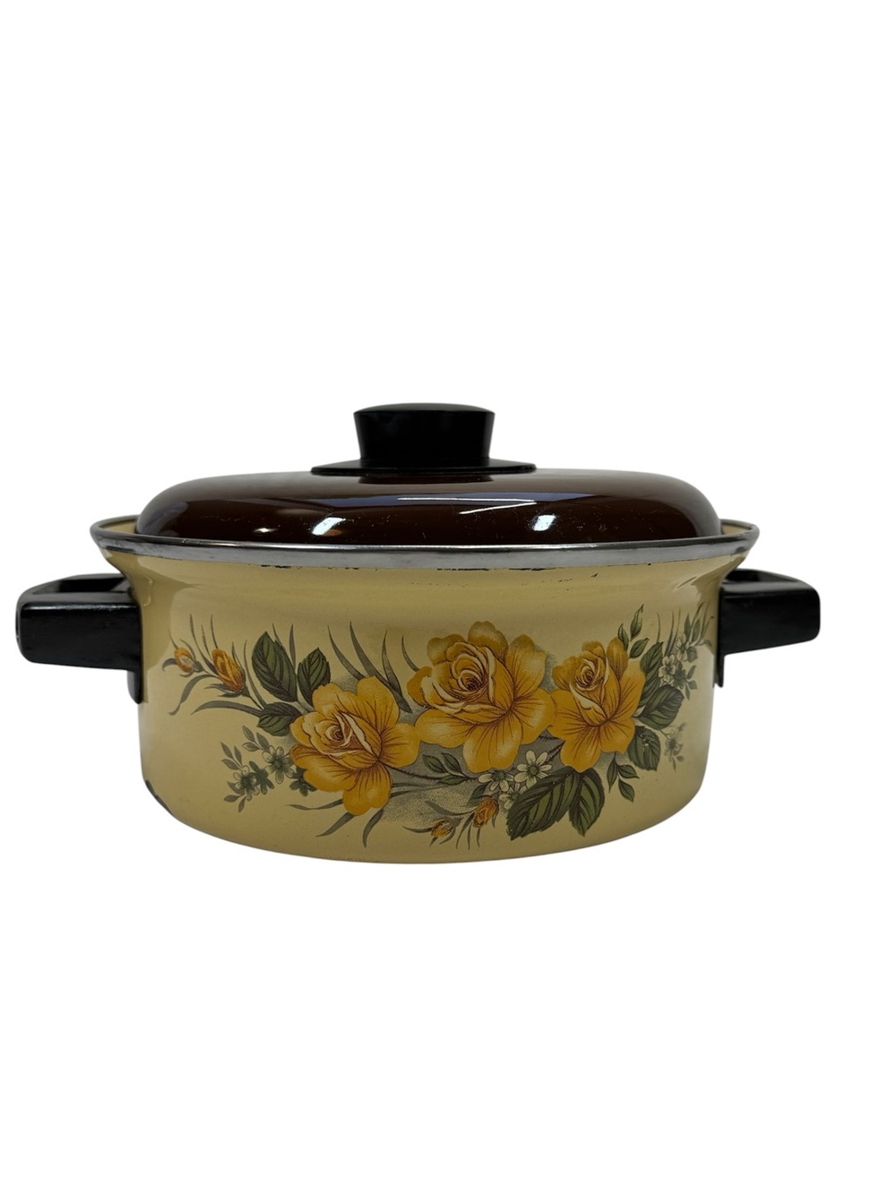 Vintage Enamel 3 Qt Stock Pot w/ Lid Yellow Floral Retro MCM Kitchenmate 70’s